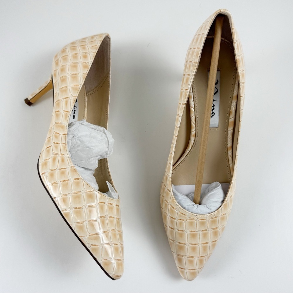 Nina Parchment Croc Heels Womens 8M Beige Pointed Toe